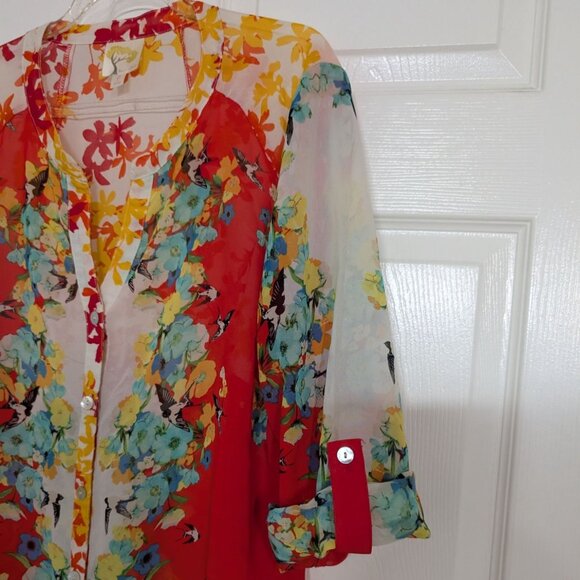 Fig & Flower Floral Shirt Womens Size Large Red Bird Sheer Roll Tab Sleeves - Picture 2 of 12